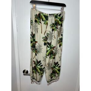 VTG SPA Women's Palm Tree Print Crop Pants Beaded Fringe Hemline ~ Size S